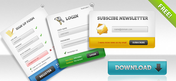 UI PSD Pack – Sign up forms, login panels, subscribe forms + download buttons