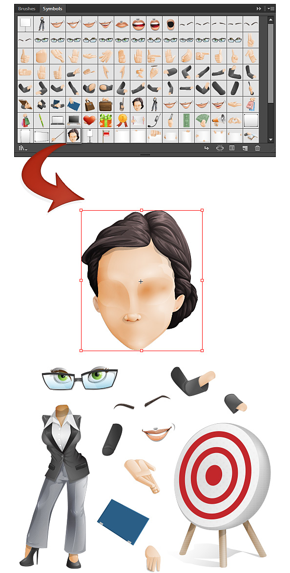 Drag and drop body parts from the Symbols panel to the artboard