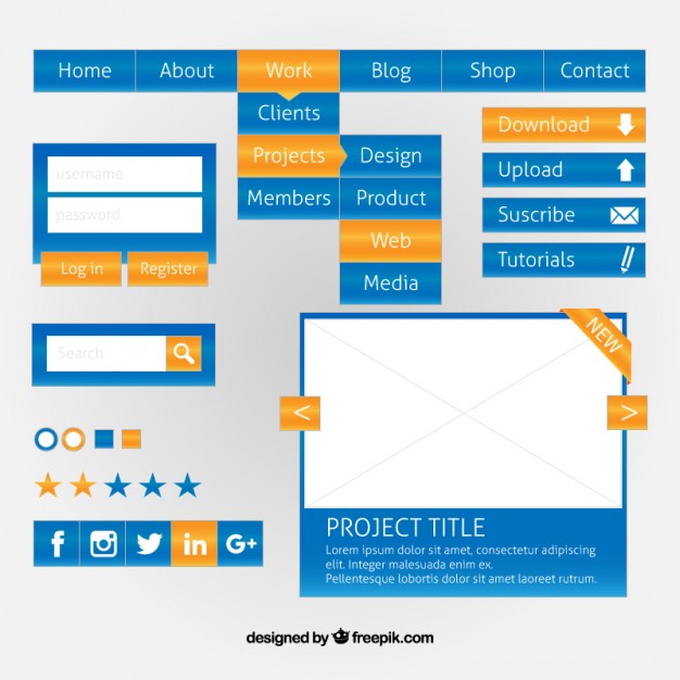 Blue web design elements with yellow details
