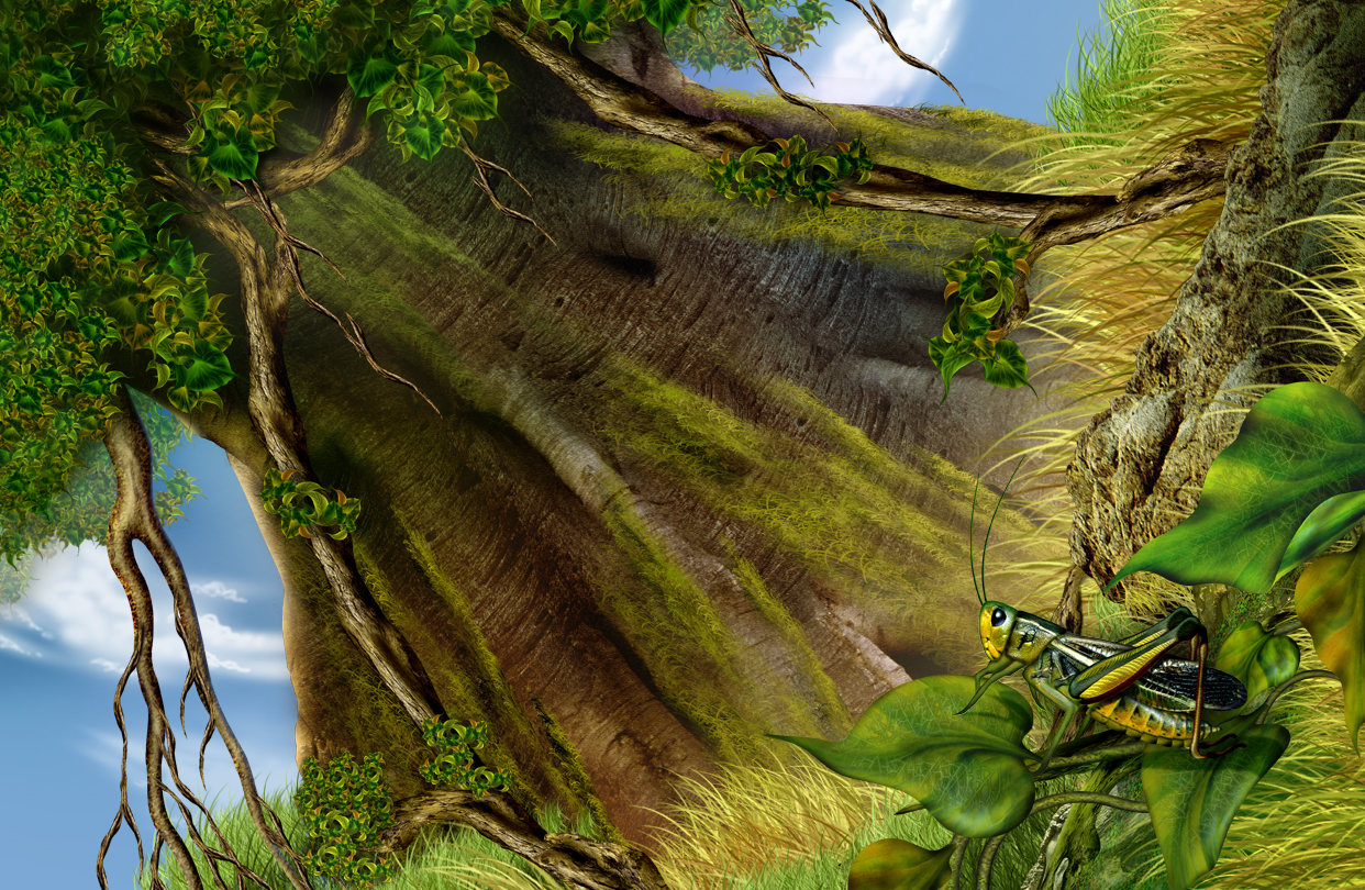 thick tree and a bug fully layered psd background